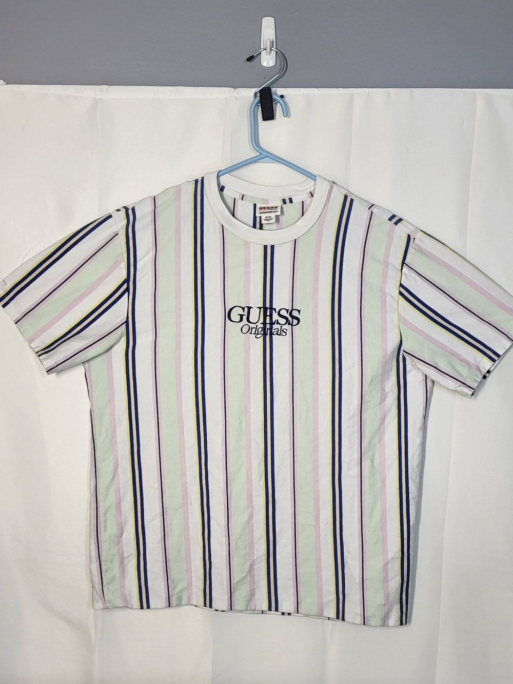 Guess Striped Short Sleeve Tee in White with Pastel Accents